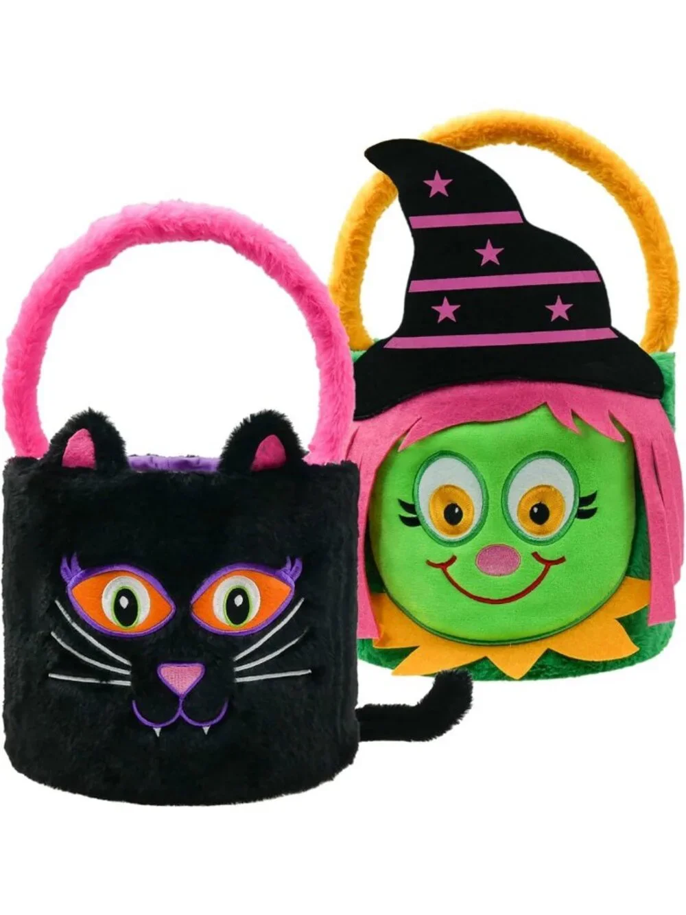 Set of 2 Plush Halloween Trick or Treat Bags - Witch & Black Cat Candy Buckets